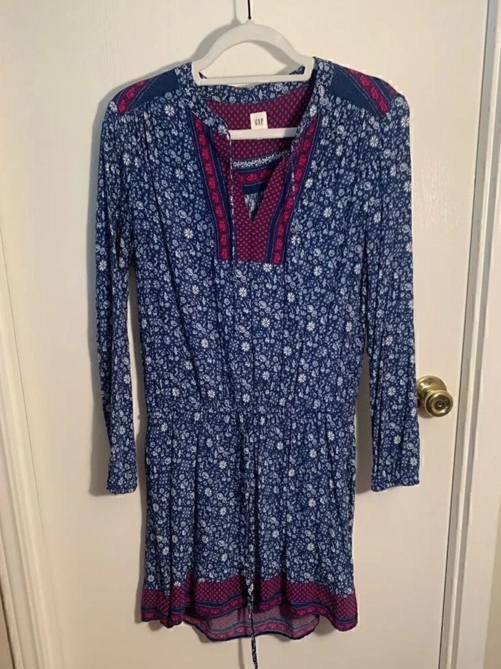 GAP Girls' Blue Floral Casual Dress with Pink Trim